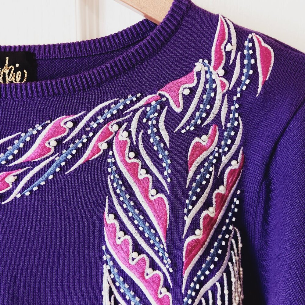 Bob Mackie's Women's Purple Beaded and Embroidered Scarf Sweater Size S - Picture 6 of 15